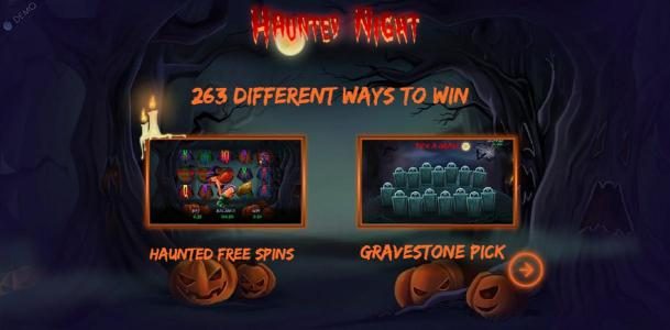 This game features 263 different ways to win. Haunted free spins. Gravestone Pick.