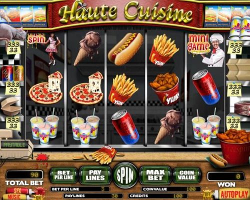 Main game board featuring five reels and 30 paylines with a $18,000 max payout.
