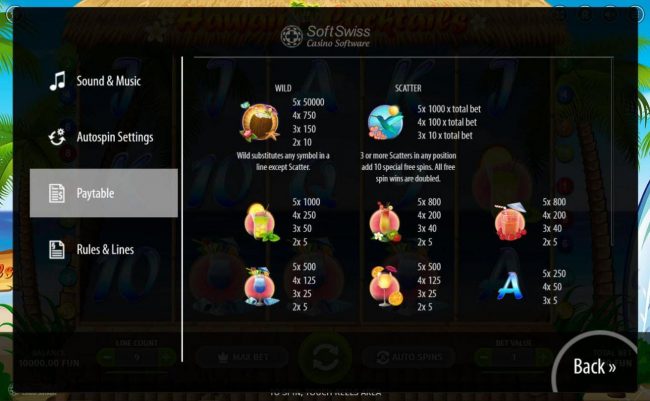 High value slot game symbols paytable featuring five different tropical cocktail drinks.
