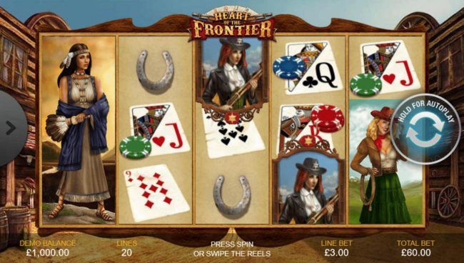 A wild west themed main game board featuring five reels and 20 paylines with a $1,500 max payout