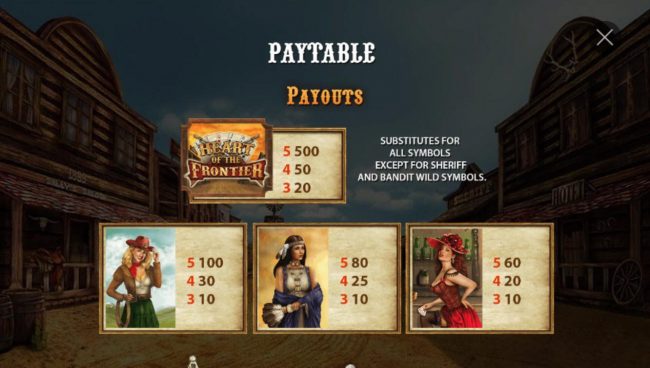 High value slot game symbols paytable featuring woman of the wild west inspired icons.
