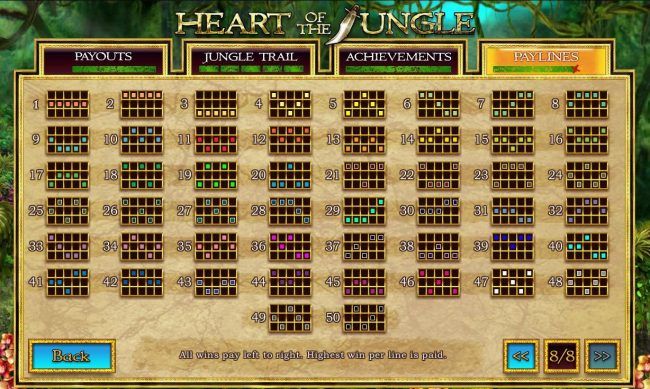 Payline Diagrams 1-50. All wins pay left to Right. Highest win per line is paid.