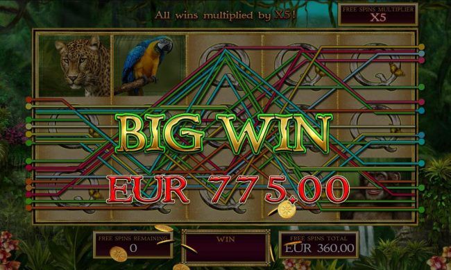A 775.00 big win triggered by multiple winning combinations.