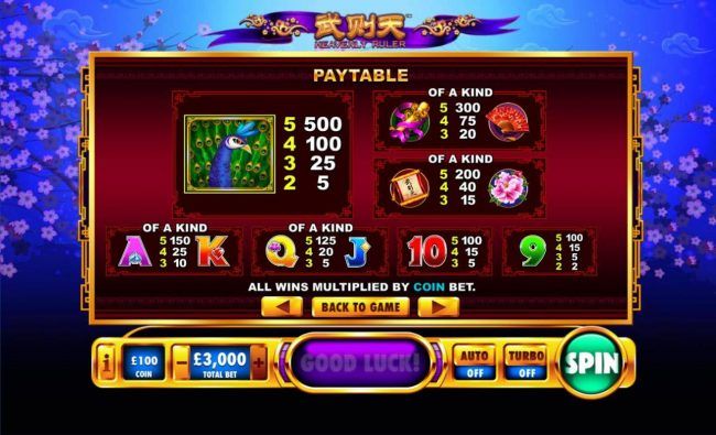 Slot game symbols paytable.