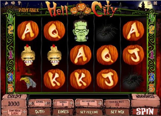 A halloween themed main game board featuring five reels and 5 paylines with a $40,000 max payout