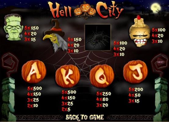 Slot game symbols paytable featuring Halloween inspired icons.