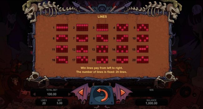 Payline Diagrams 1-20. Win lines pay from left to right. The number of lines is fixed at 20 lines.