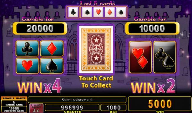 Gamble Feature - To gamble any win press Gamble then select Red or Black or Suit