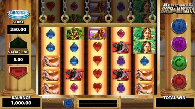 A Greek mythology themed main game board featuring five reels and 100 paylines with a $250,000 max payout