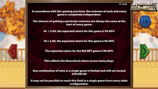 Payback Information - Theoretical return To Player is from 94.00% to 98.00%. The maximum win on any transaction is capped at 250,000.