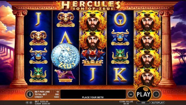 A Greek mythological themed main game board featuring five reels and 50 paylines with a $200,000 max payout