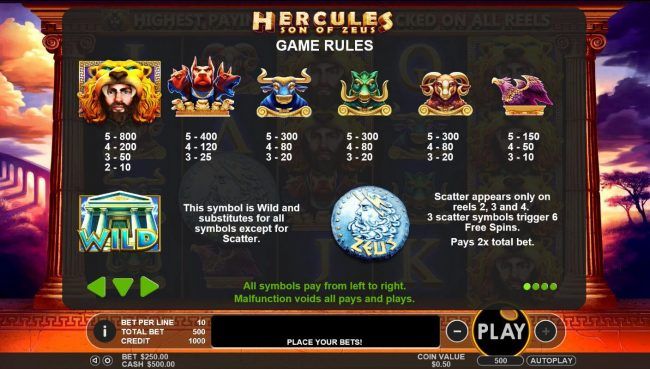 Slot game symbols paytable, icons based upon a Greek Mythological theme.