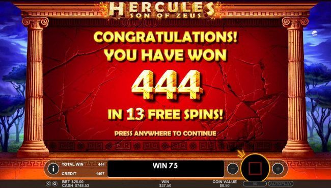 The Free Spins feature pays out a total of 444 coin for 13 free spins.