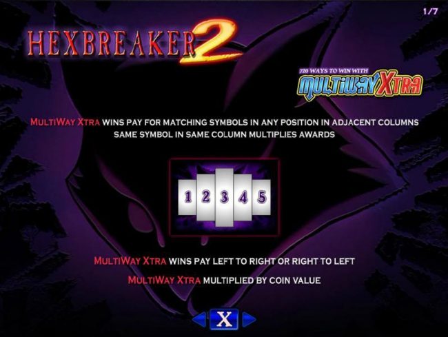 Multiway Xtra wins pay for any matching symbols in any position inadjacent columns. Same symbol in same column multiplies awards. Multiway Xtra wins pay left to right and right to left. Multi Way multiplied by coin value.