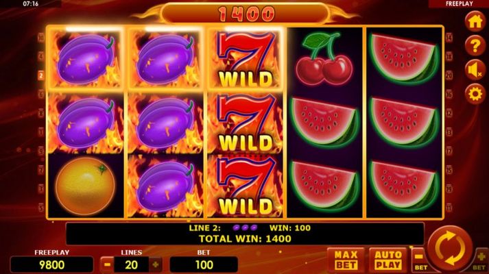 Hot Fruits 20 :: Stacked wilds trigger multiple winning lines
