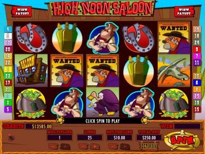Main game board featuring five reels and 25 paylines with a jackpot max payout