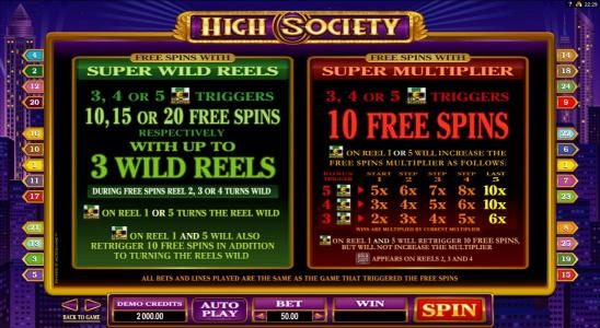 Wild and free spins paytable