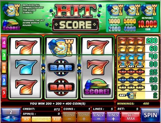 A 200 coin line win combined with a 200 coin Bonus Round win for a total of a 400 coin jackpot.