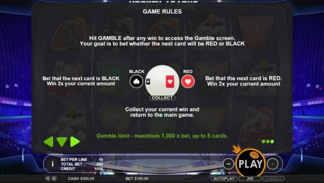 Hit Gamble after any win to access the Gamble screen. Your goal i. Gas to bet whether the next card will be RED or BLACK. Gamble limit - maximum 1,000 x bet, up to 5 cards.