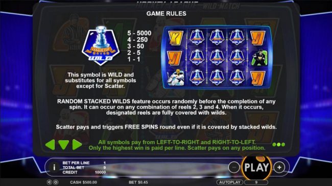 The league Cup Trophy symbol is wild and substitutes for all symbols except for scatter. A five of a kind pays 5000 coins.