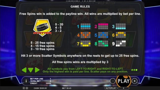 Scatter symbol paytable - Hit 3 or more hockey puck scatter symbols anywhere on the reels to get up to 25 free spins. All free spins are multiplied by 3x.