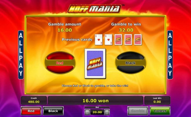 Gamble feature game board is available after every winning spin. For a chance to increase your winnings, select the correct color of the next card or take win.