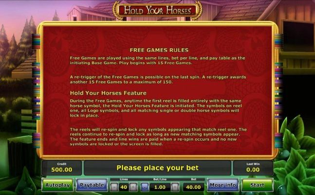 Free Games Rules and Hold Your Horses Feature Rules