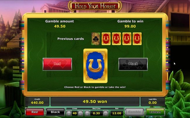 Gamble feature game board is available after every winning spin. For a chance to increase your winnings, select the correct color of the next card or take win.
