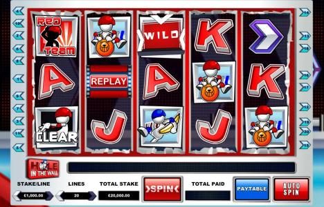 Main game board featuring five reels and 20 paylines with a $37,500 max payout