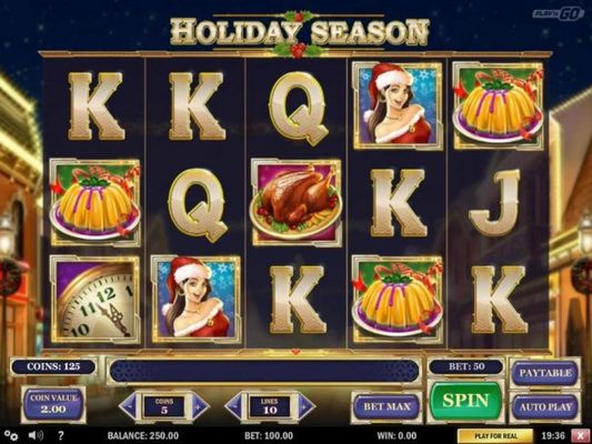 A Cristmas Holiday themed main game board featuring five reels and 10 paylines with a $2,000,000 max payout