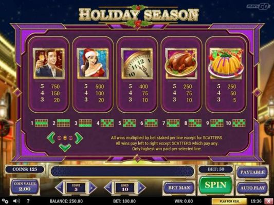 High value slot game symbols paytable featuring Christmas Holiday themed icons.