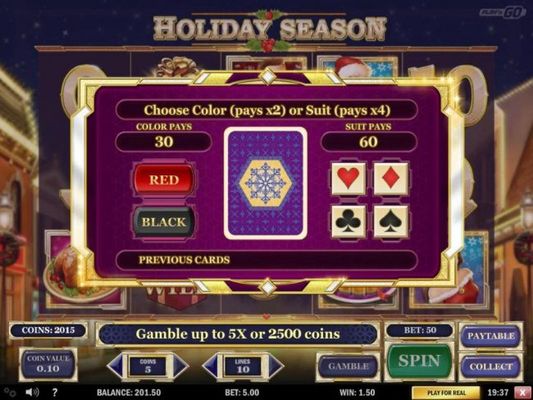 Gamble Feature - To gamble any win press Gamble then select color or a suit.