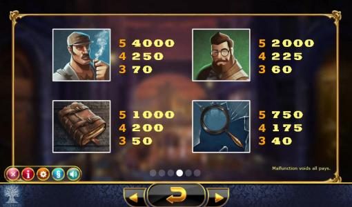 High value slot game symbols consist of Sherlock Holmes, Dr. Watson, a leather bound book and a magnifying glass.