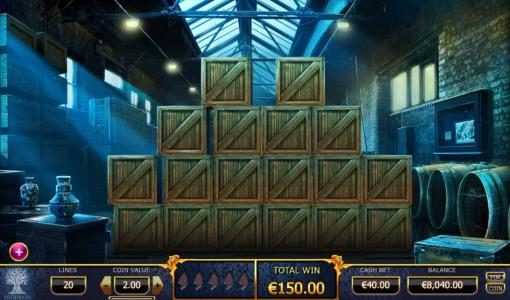 Warehouse Bonus Game - Pick boxes to reveals diamond shards and cash prizes. Game play ends when smoke bomb revealed