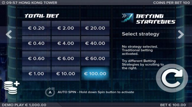 Player can easily change the line bet by simply clicking on the Betting Optoin button and selecting from 1 of the 12 available stakes.