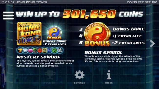 Win up to 301,650 coins! The mystery symbol reveals into another symbol after the reels have stopped. Three Bonus symbols trigger the Wheel of the Sky Bonus game.
