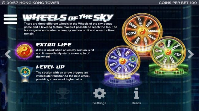 There are 3 different wheels in the Wheels of the Sky bonus game and a leveling feature makes it possible to reach the top.