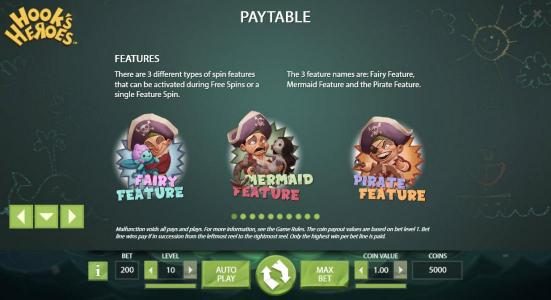There are 3 different types of spin features that can be activated during Free Spins or a single feature. The 3 feature names are: Fairy Fortune, Mermaid Feature and the Pirate Feature.