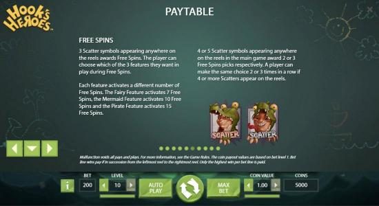 3 scatter symbols appearing anywhere on the reels awards Free Spins. The player can choose which of the 3 features they want in play during free spins.