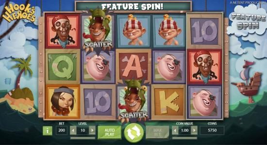 A pair of scatter symbols triggers a feature spin. A random feature is selected for the free spin.