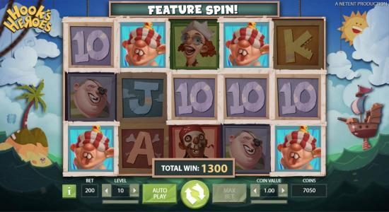Feature spin triggers a 1300 coin pay out