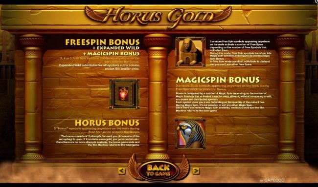 Free Spins Bonus, Magic Spin Bonus and Horus Bonus Rules