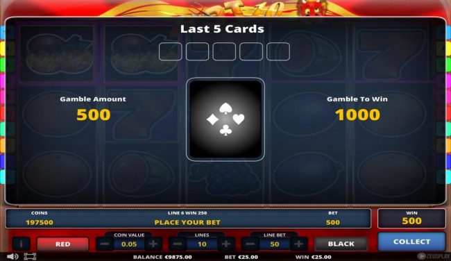 Gamble Feature - To gamble any win press Gamble then select Red or Black.