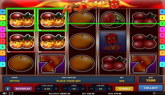 Winning cherry symbol combinations triggers a 1500 coin payout.