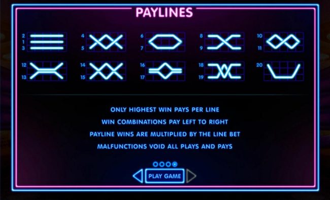 Payline Diagrams 1-20. Only highest win pays per line. Win combinations pay left to right. Payline wins are multiplied by the line bet.