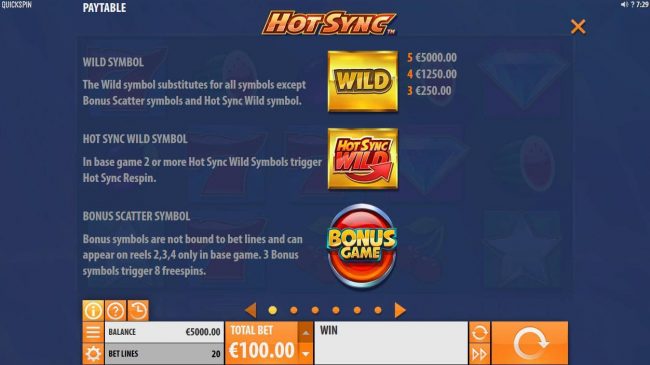 The Wild symbols substitutes for all symbols except bonus scatter symbols and Hot Sync Wild symbol. Hit Sync Wild in base game, 2 or more Hot Sync Wild symbols trigger the respin feature. 3 Bonus symbols on reels 2, 3 and 4 triggers 8 free spins.