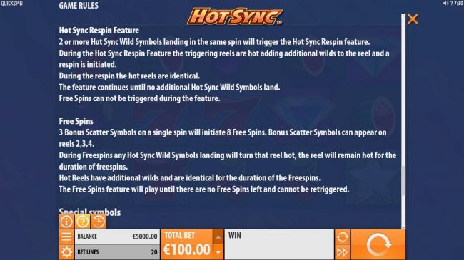 Hot Sync Respin and Free Spins Game Rules