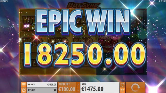 An 18,250.00 Epic Win triggered by multiple winning paylines during the Hot Sync Wild Respin feature.