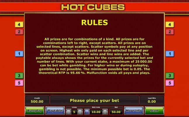 General Game Rules. The theoretical RTP for this game is 95.66%