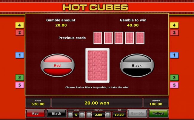 Gamble feature game board is available after every winning spin. For a chance to increase your winnings, select the correct color of the next card or take win.